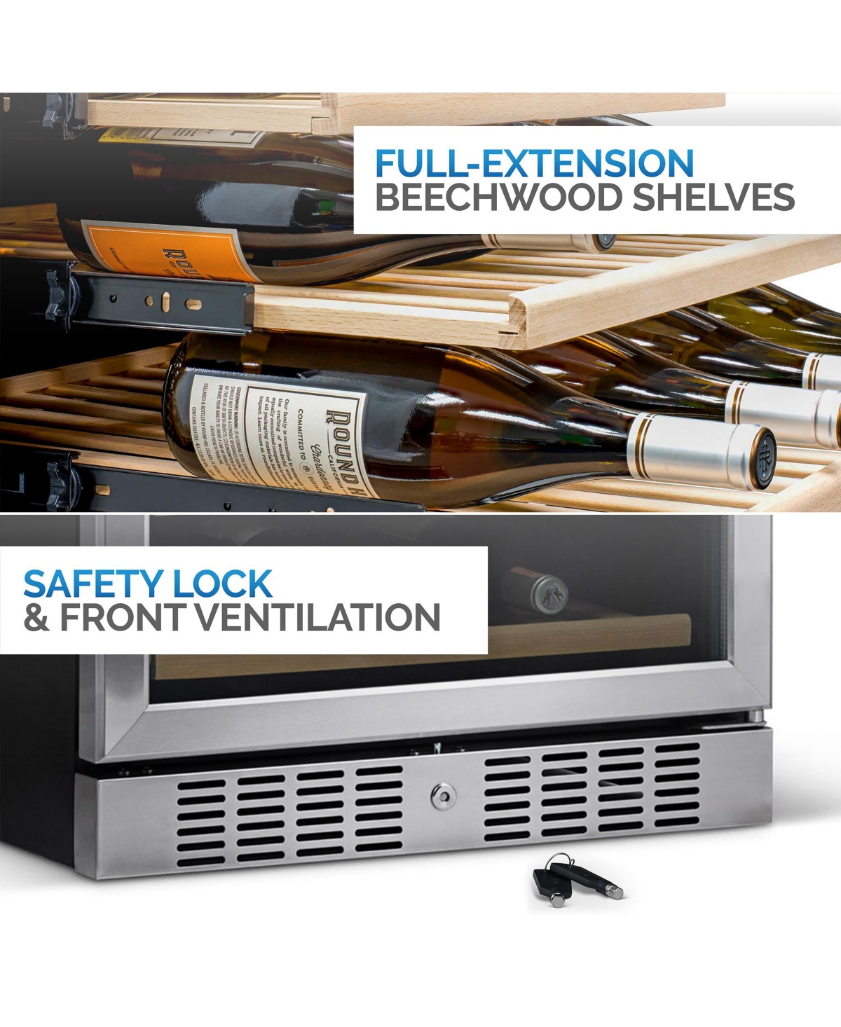 Newair 24" Built-in Dual Zone 20 Bottle and 70 Can Wine and Beverage Fridge in Stainless Steel with Split Shelf and Smooth Rolling Shelves