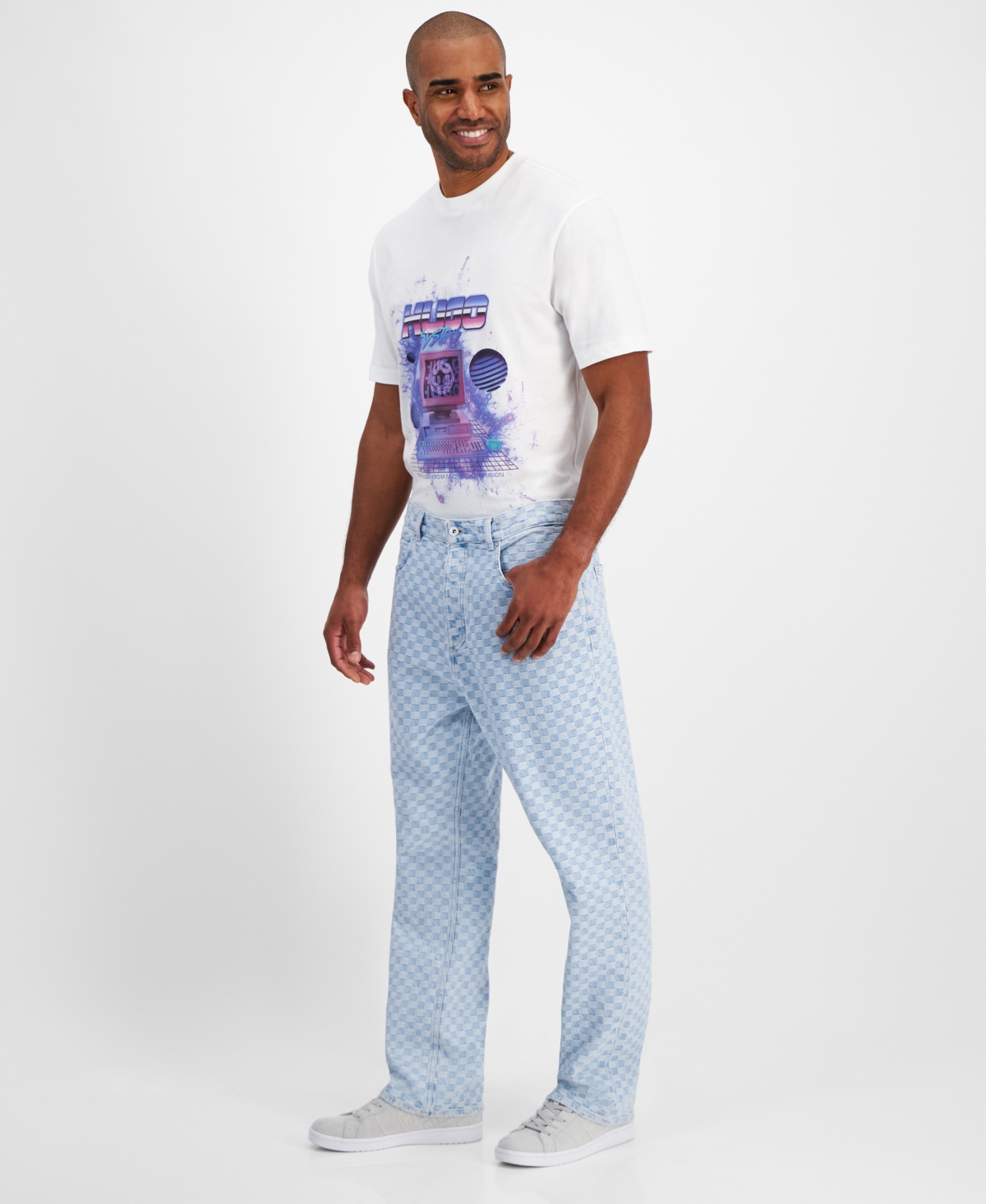 Hugo by Hugo Boss Men's Baggy Fit Check Pattern Denim Jeans -bu