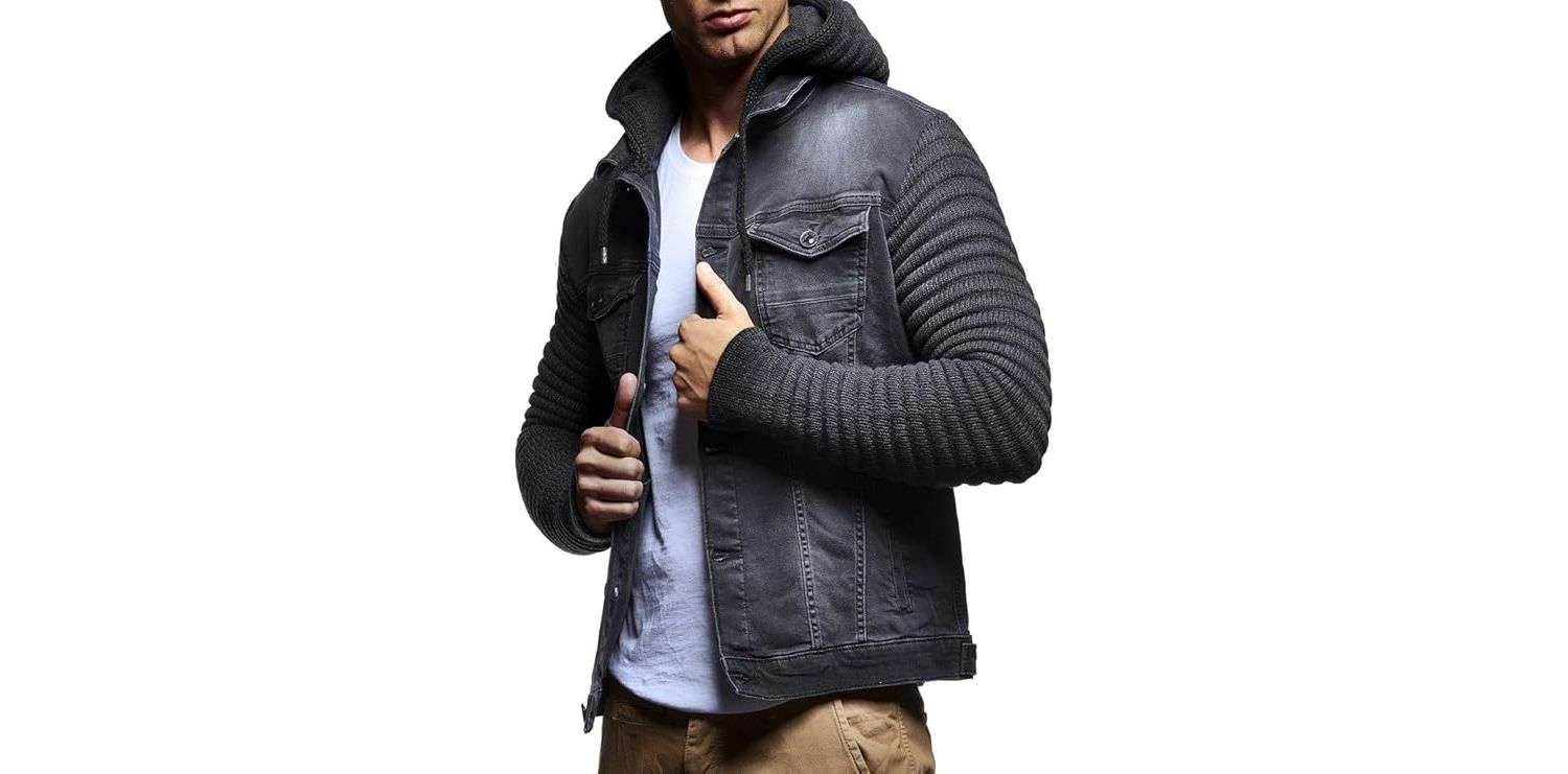 Men's LN5240 Casual Denim Jacket with Knitted Sleeves