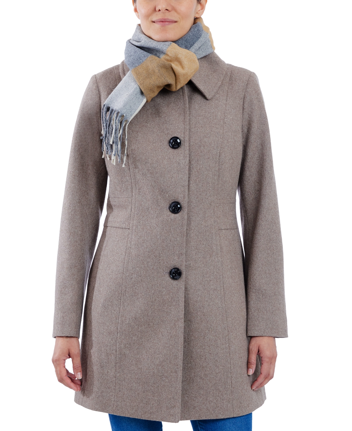 Women's Single-Breasted Peacoat & Scarf - Taupe
