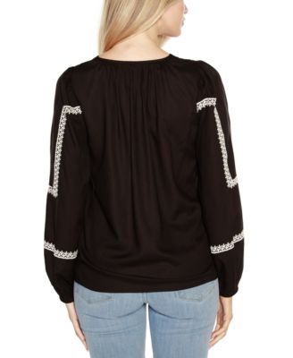 Black Label Embroidered Blouson Tie Neck Top
