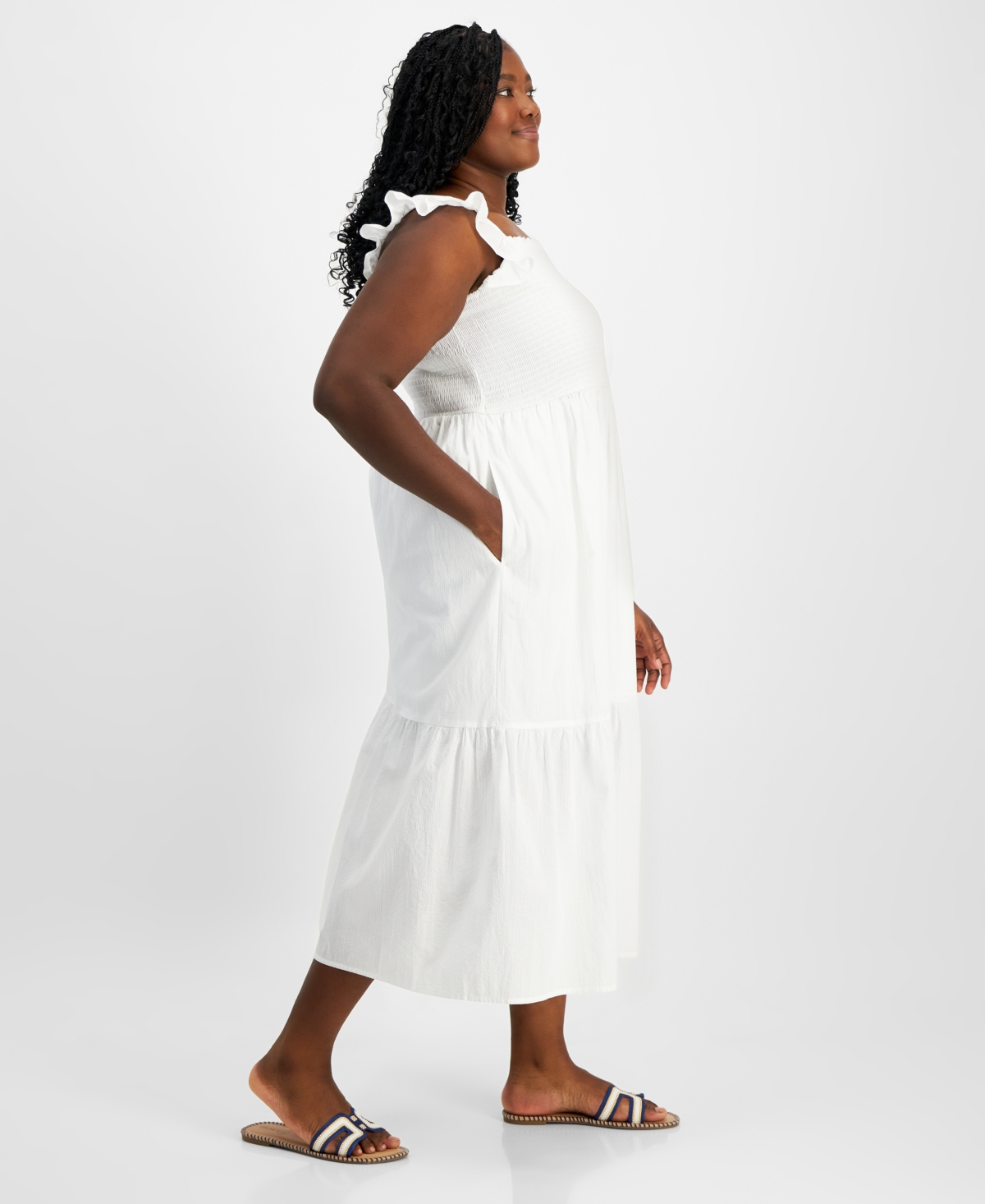 On 34th Plus Size Woven Solid Smocked Ruffled Midi Dress, Created for Macy's