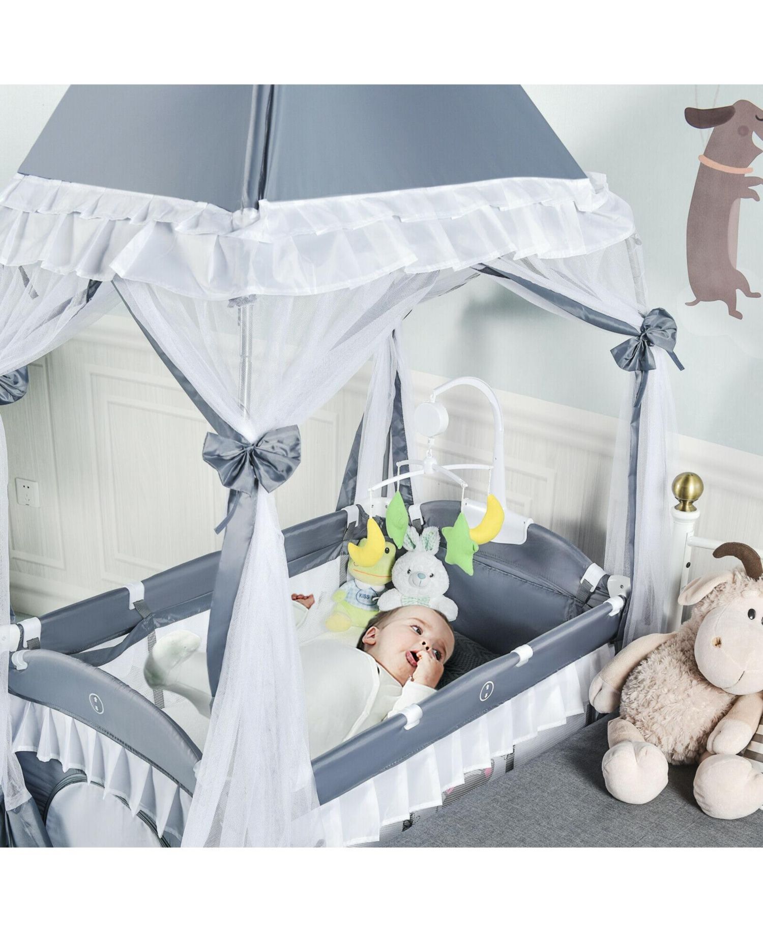 Foldable 4-in-1 Baby Playard with Mosquito Net, Portable Crib with Carry Bag
