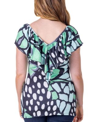 Cap Sleeve Print Ruffle V Neck Top