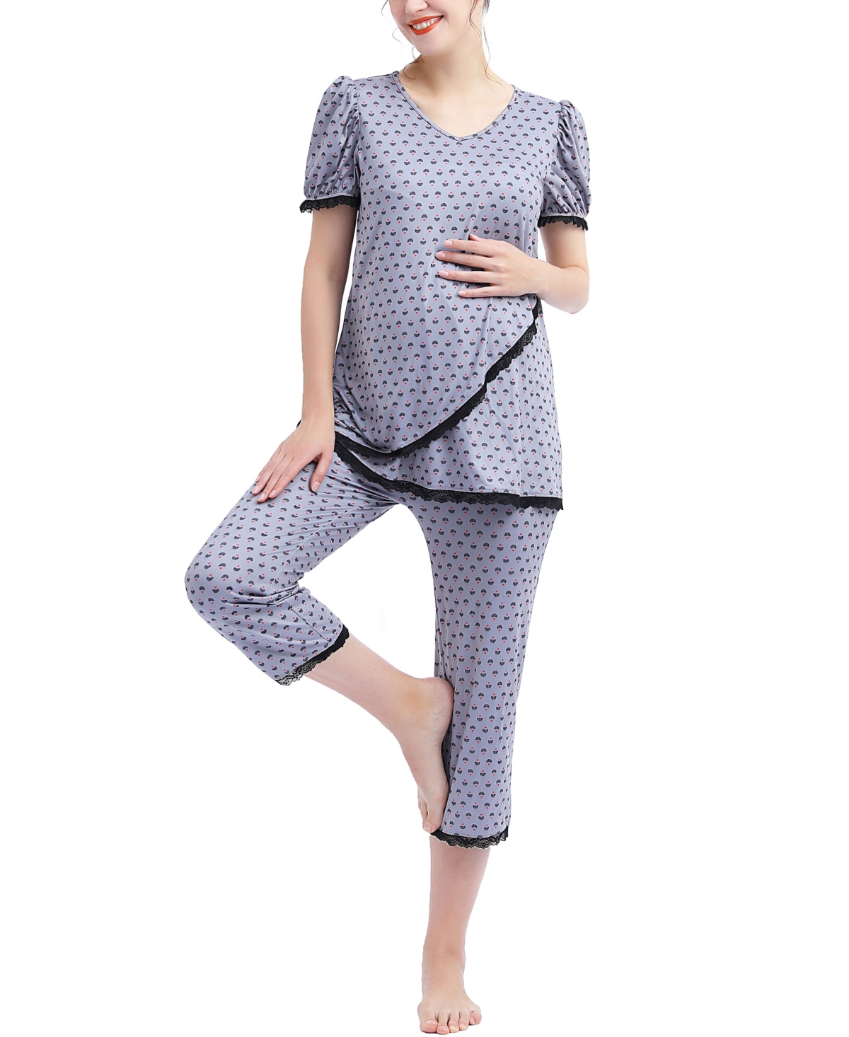 kimi + kai Maternity Drew Nursing 2-Piece Pajama Set - Gray