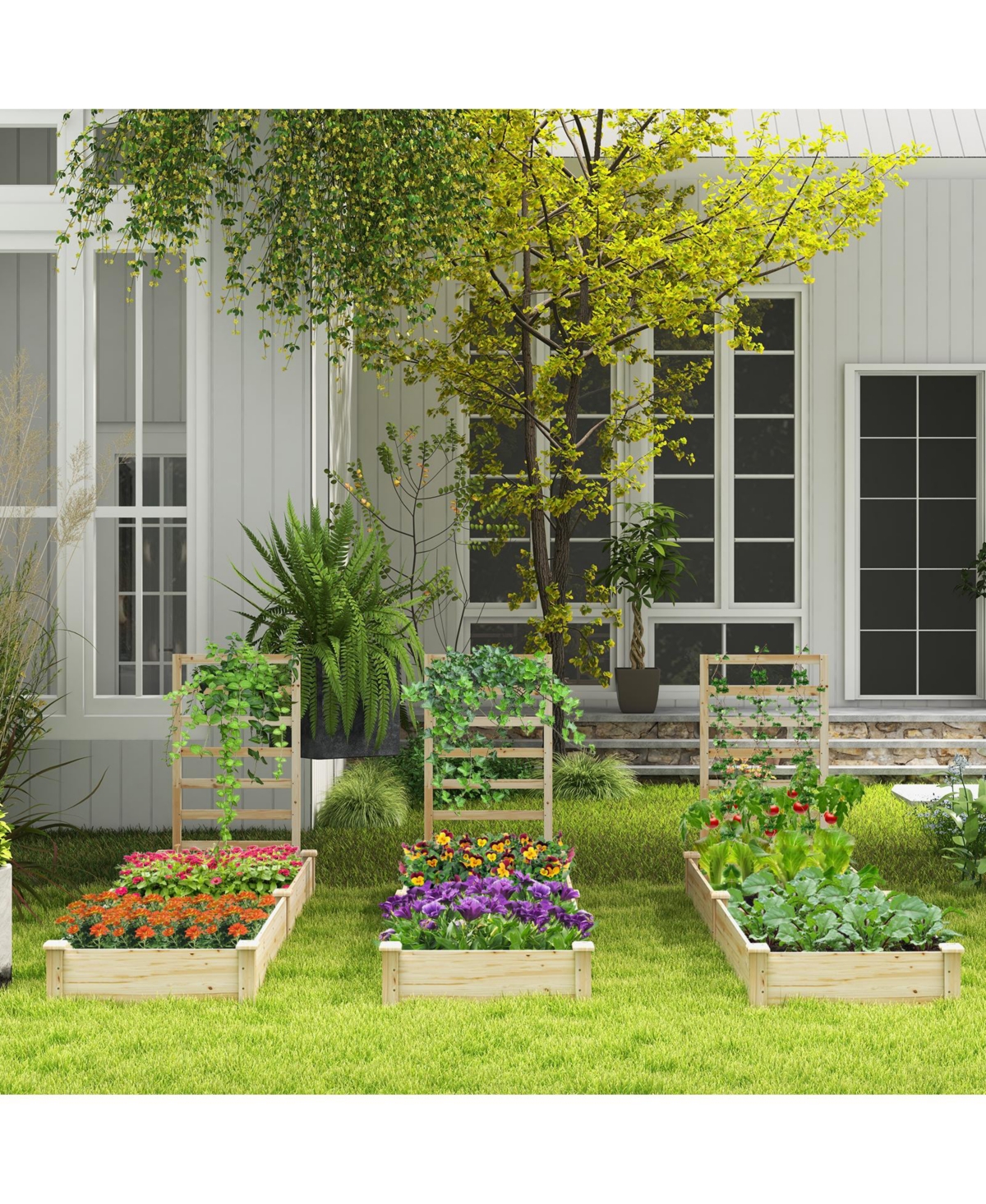 Slickblue Raised Garden Bed with Planter Box and Trellis-Natural