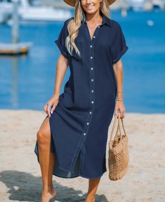 Women's Denim Short Sleeve Button Down Cover Up Dress