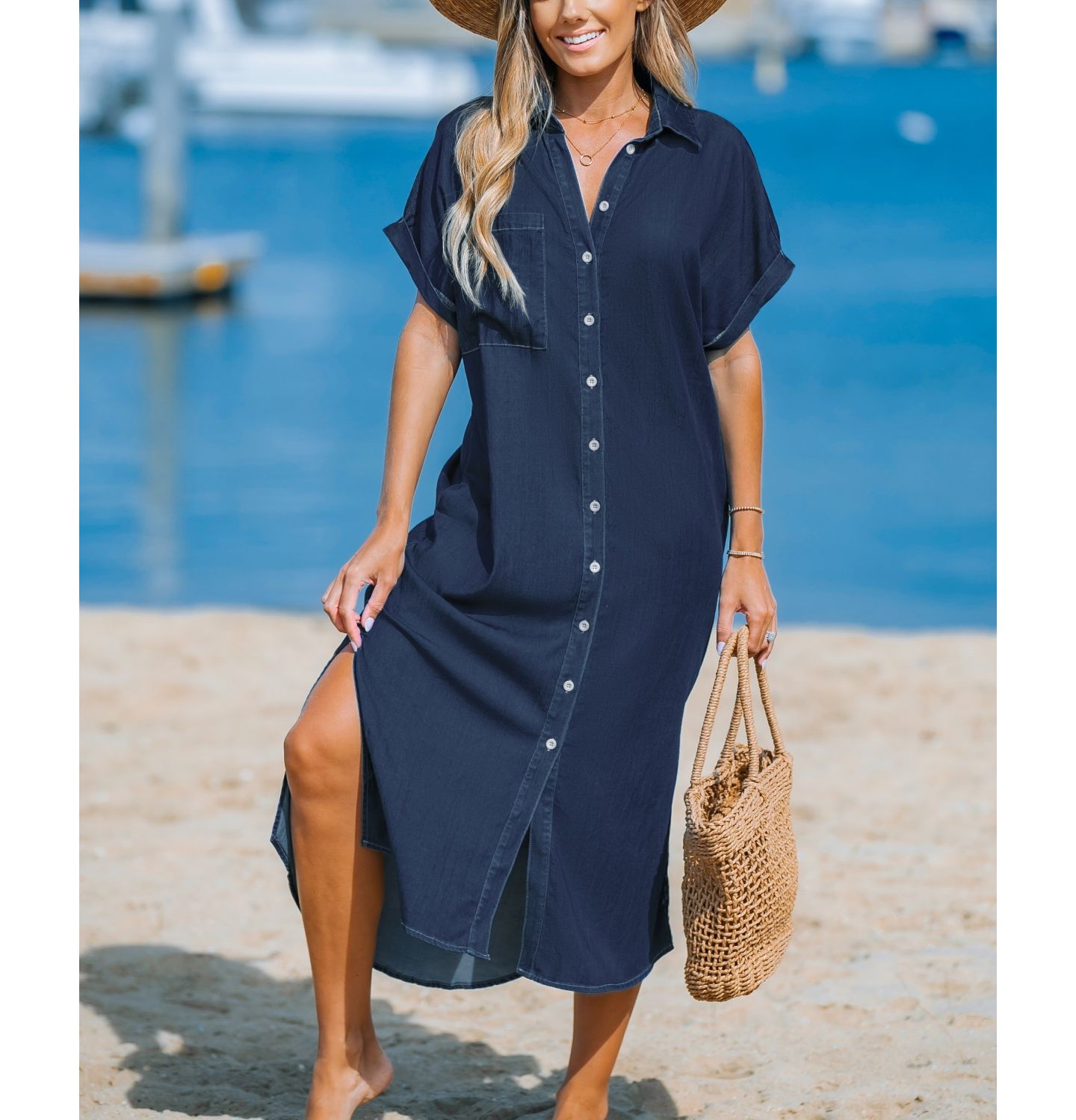 Женское платье Cupshe Denim Short Sleeve Button Down Cover Up, цвет: Тёмный синий — фото 2