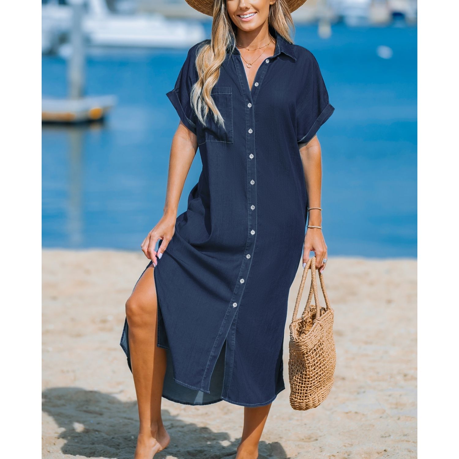 Women's Denim Short Sleeve Button Down Cover Up Dress