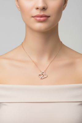 Brilliant Sterling Silver Double Heart CZ Paved Pendant Necklace