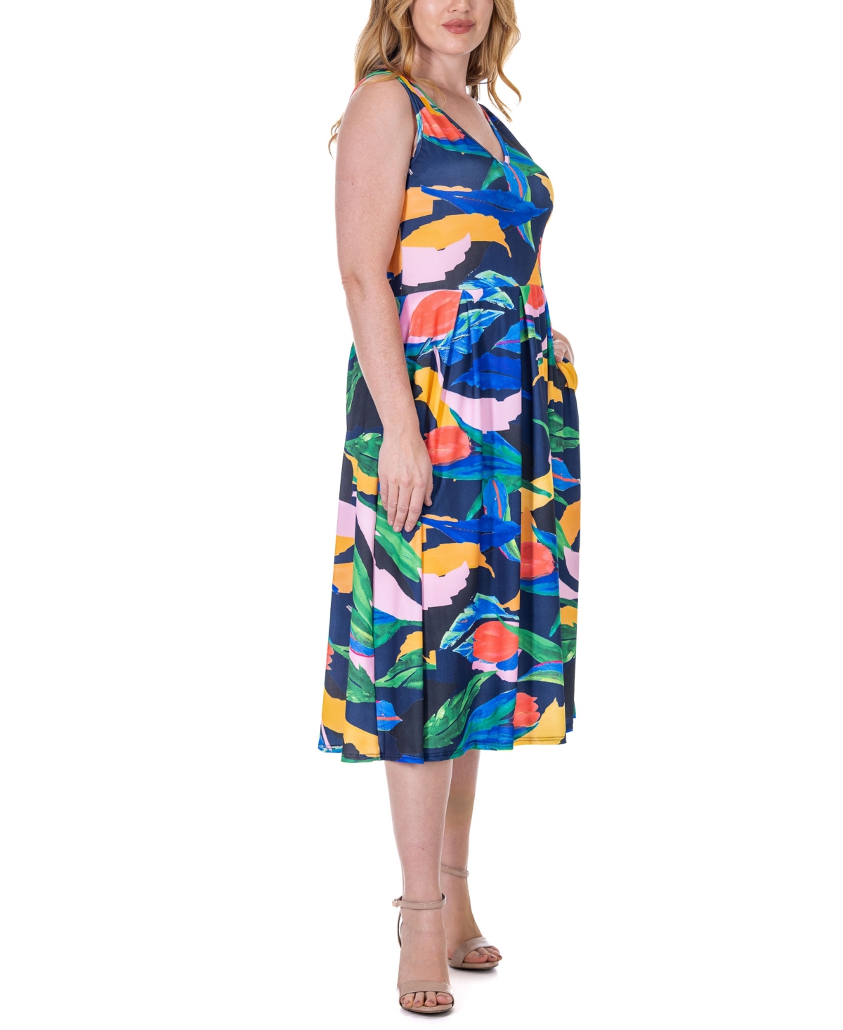 Shop 24seven Comfort Apparel Print Sleeveless Pleated Pocket Midi Dress In Miscellane