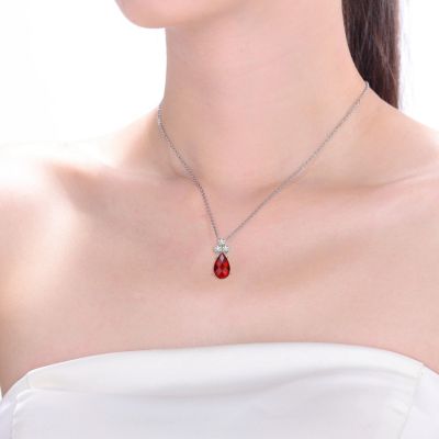 Sterling Silver White Gold Plated Pear Shaped Pendant Necklace with Colored Cubic Zirconia