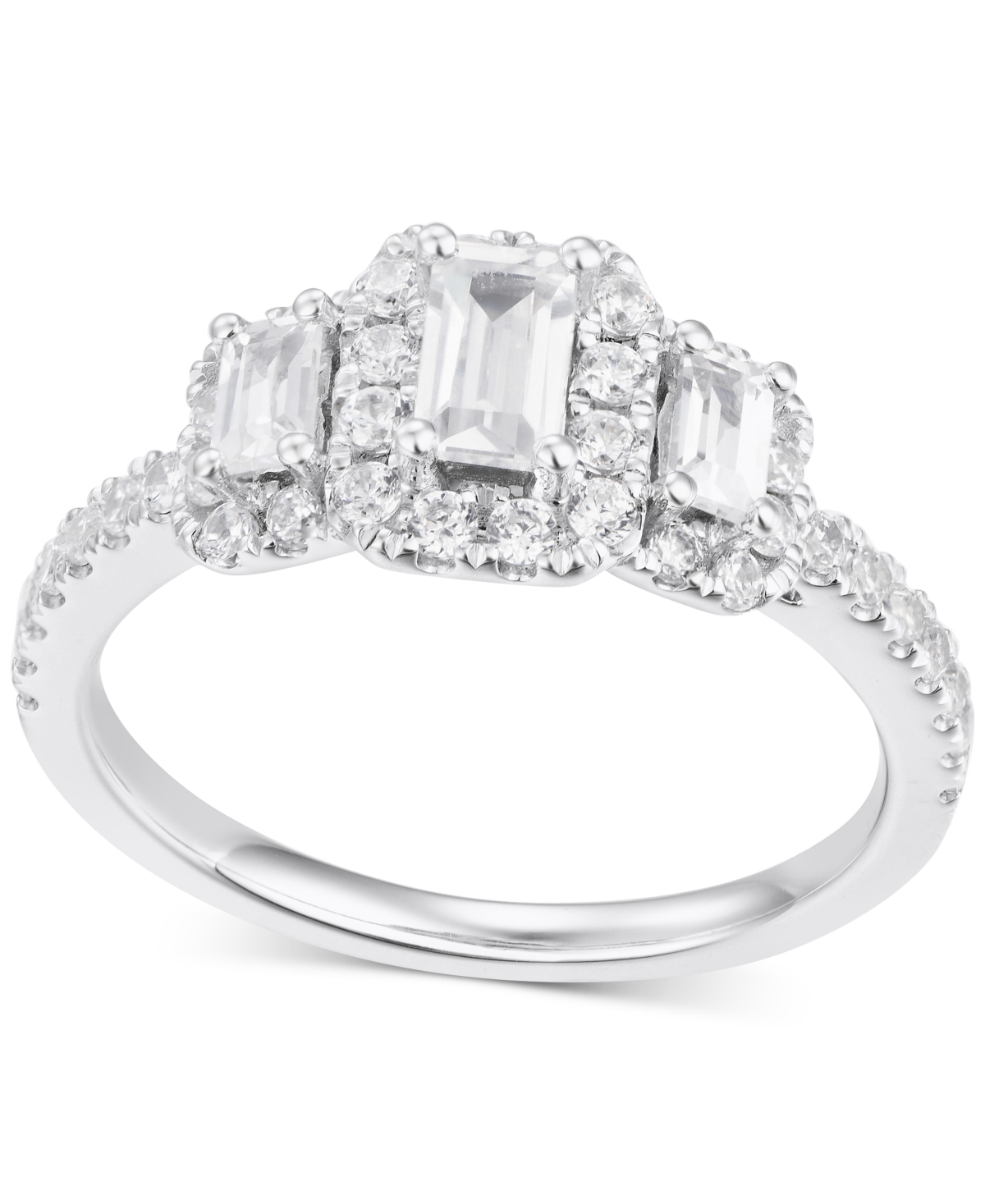 Diamond Emerald-Cut Halo Three Stone Ring (1 ct. t.w.) in 14k White Gold - White Gold