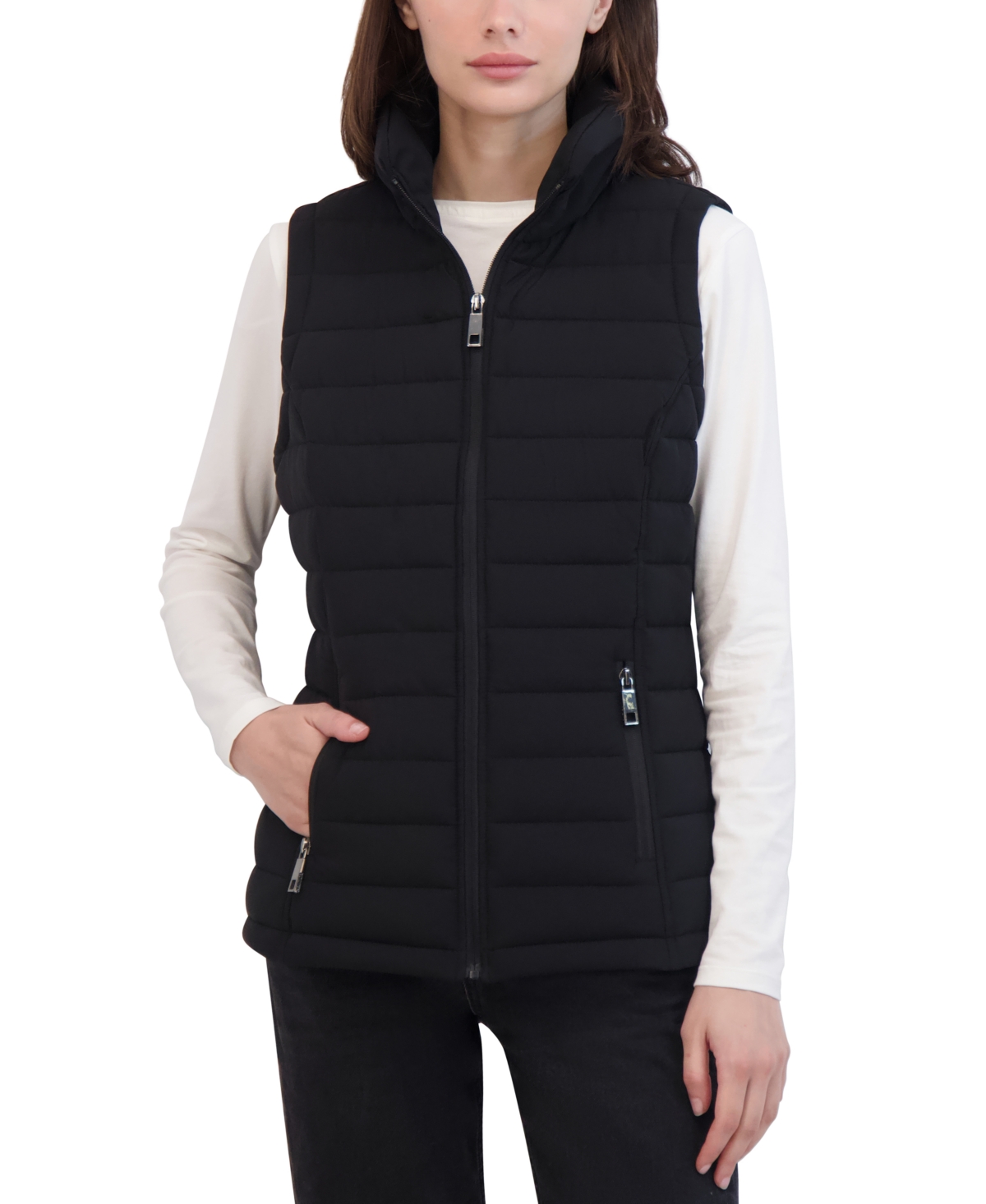 Nautica Women's Stand-collar Zip-front Puffer Vest In Noir