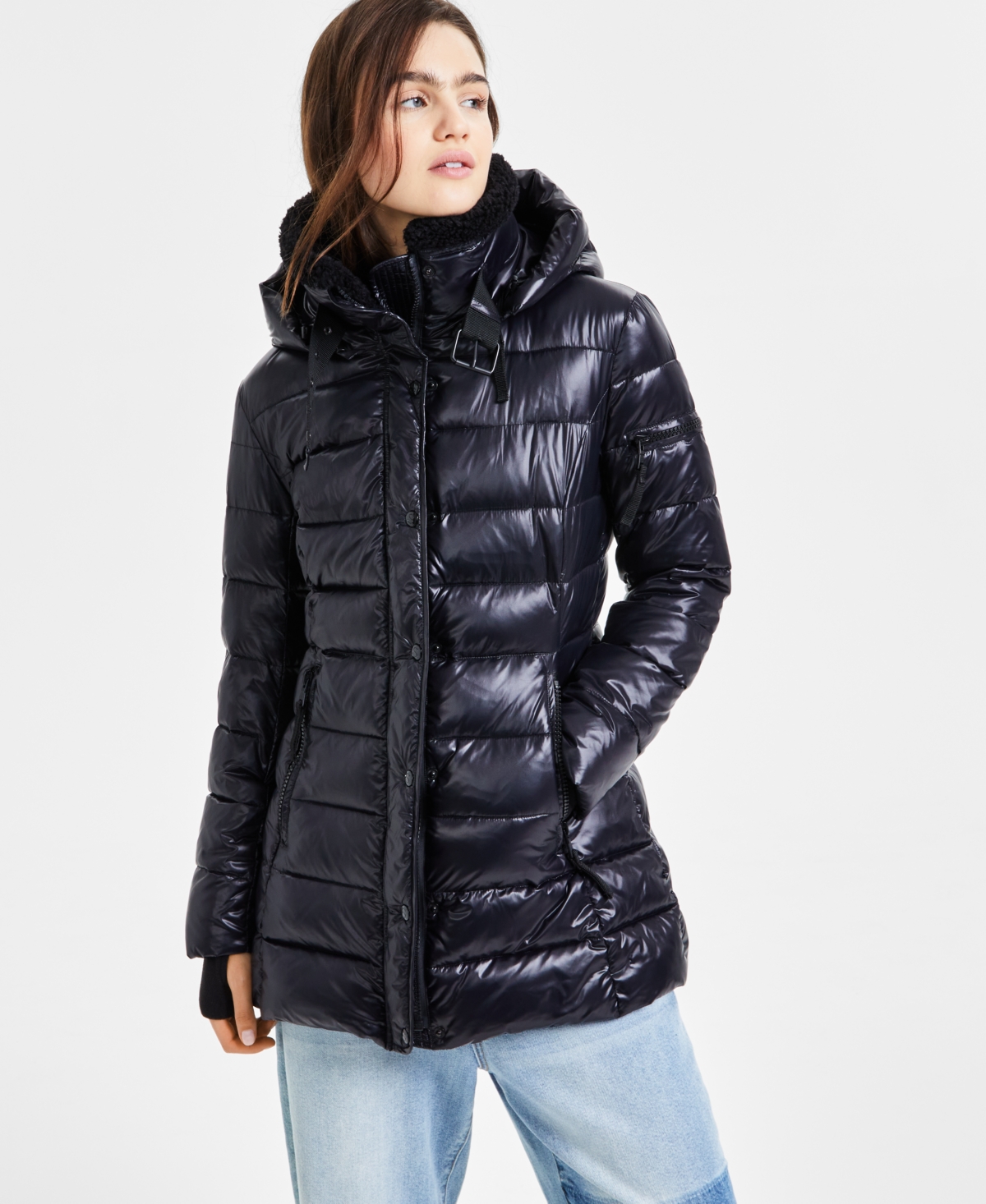 S13 Women's Greenwich Hooded Faux-Sherpa-Collar Puffer Coat -Black