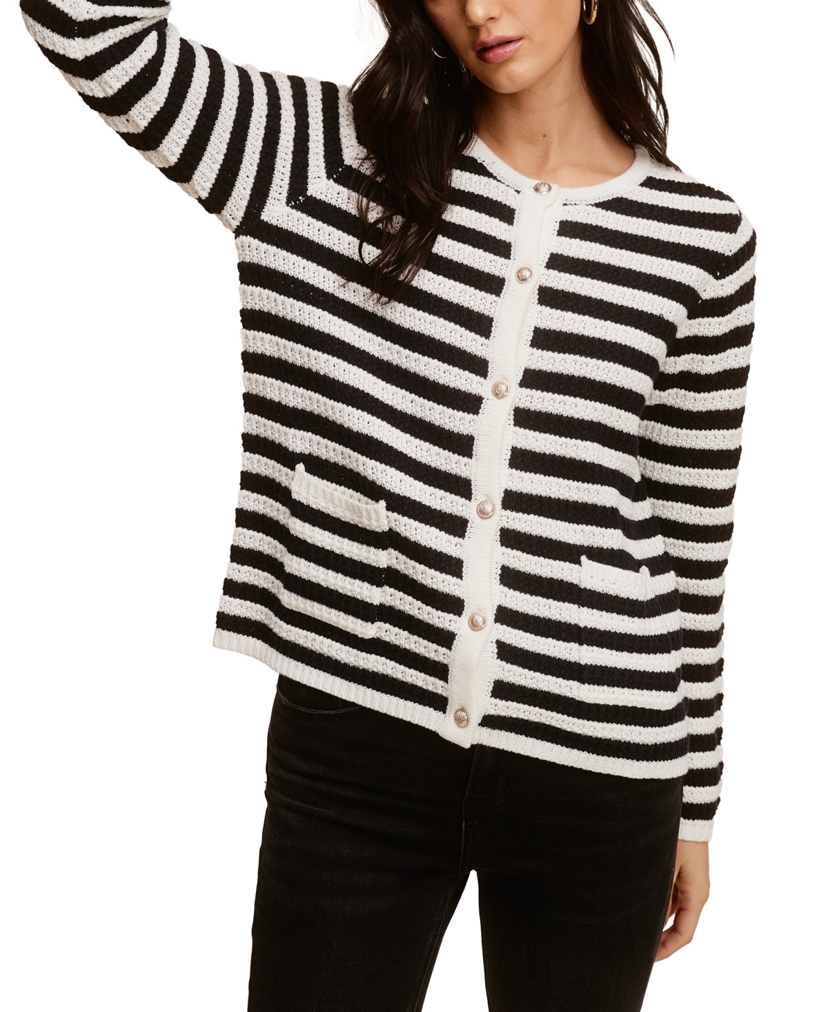 Striped Cardigan With Gold Buttons - BLACK IVORY