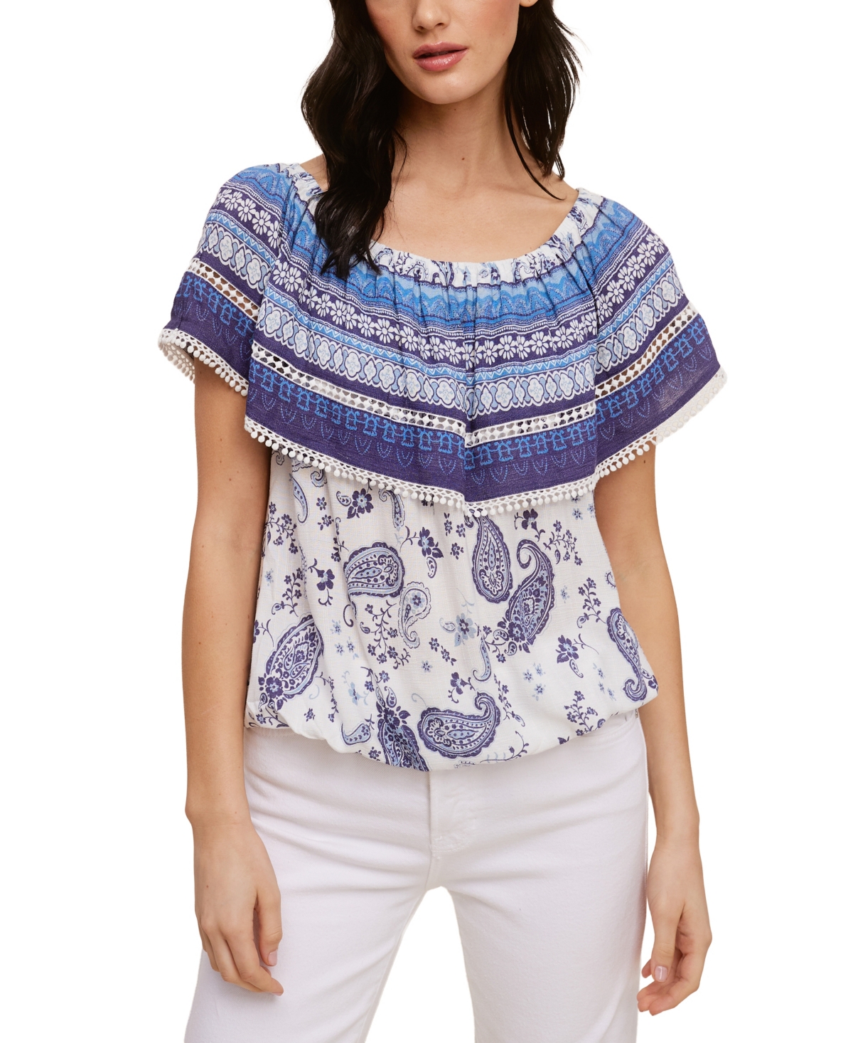 Printed On/Off Shoulder Blousson Top - IVORY