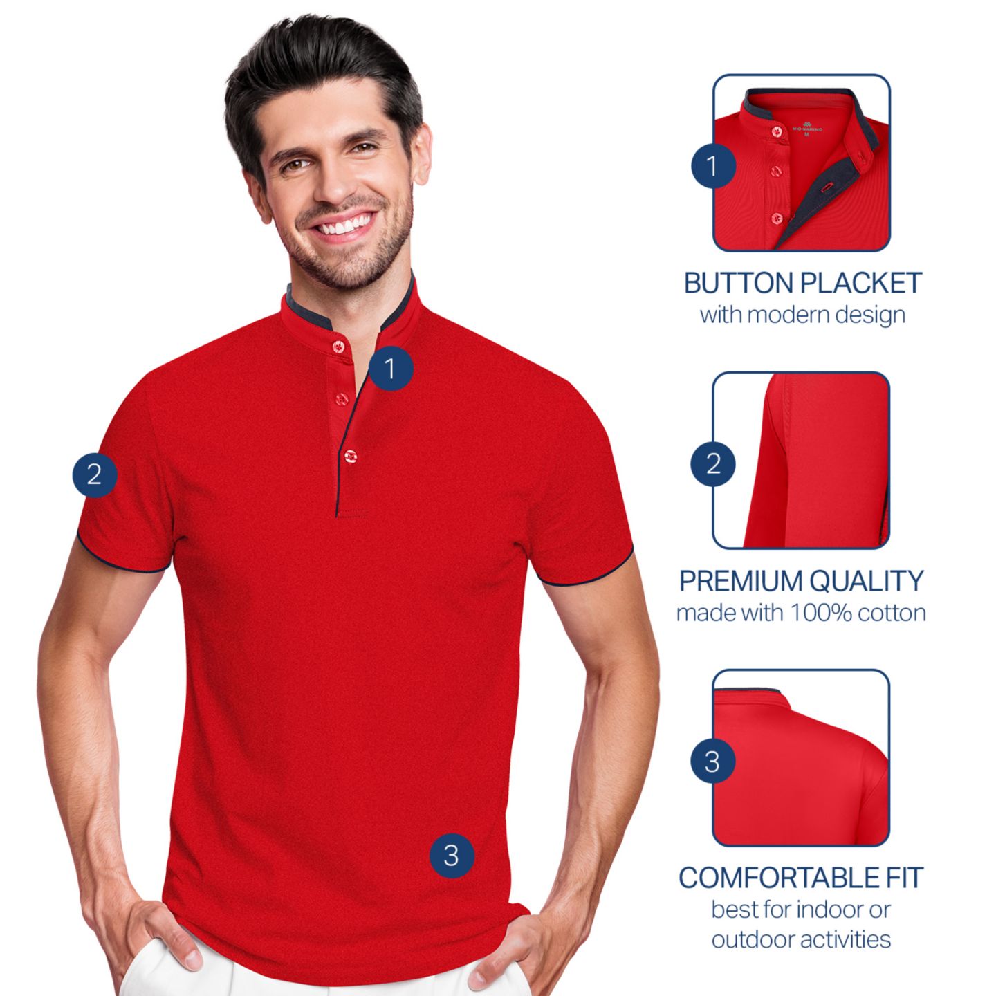 Мужское поло Mio Marino Short Sleeve Henley Polo Shirt with Contrast-Trim, цвет: Красный — фото 6