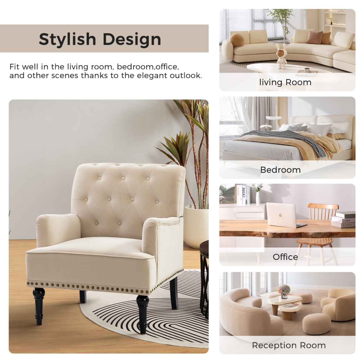 Velvet Tufted Upholstered Single Sofa Chair for Living Room Bedroom