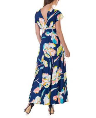 Print V Neck Empire Waist Kimono Cap Sleeve Maxi Dress