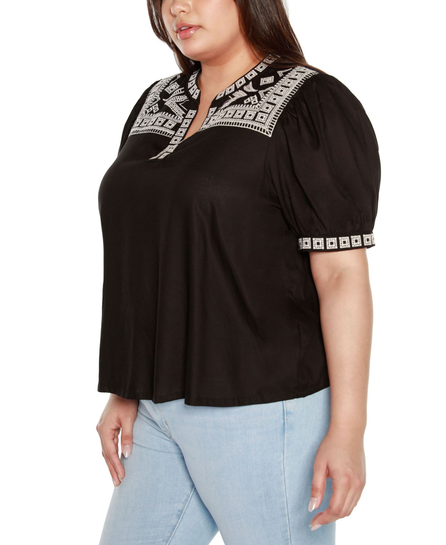 Black Label Plus Size Embroidered Boho Short Sleeve Top