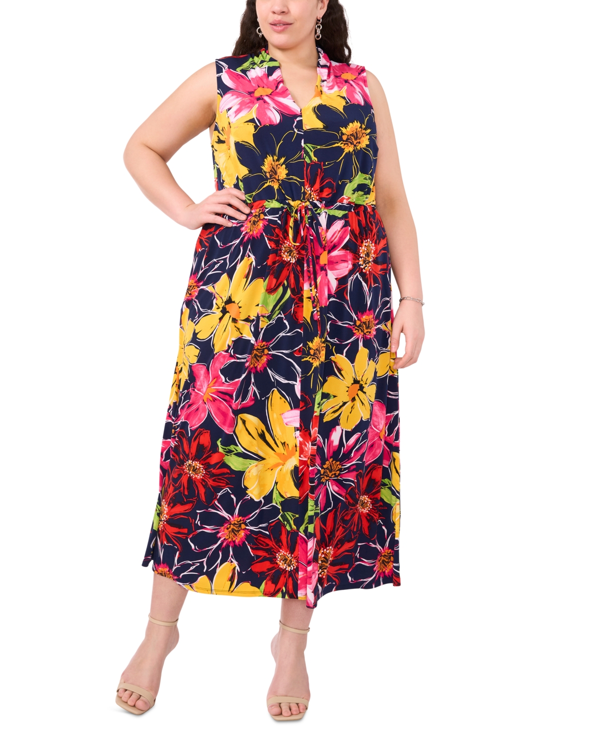 Shop Msk Plus Size Printed V-neck Tie-waist Sleeveless Dress In Navy Red