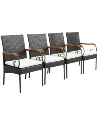 Set of 4 Outdoor PE Wicker Chairs with Acacia Wood Armrests