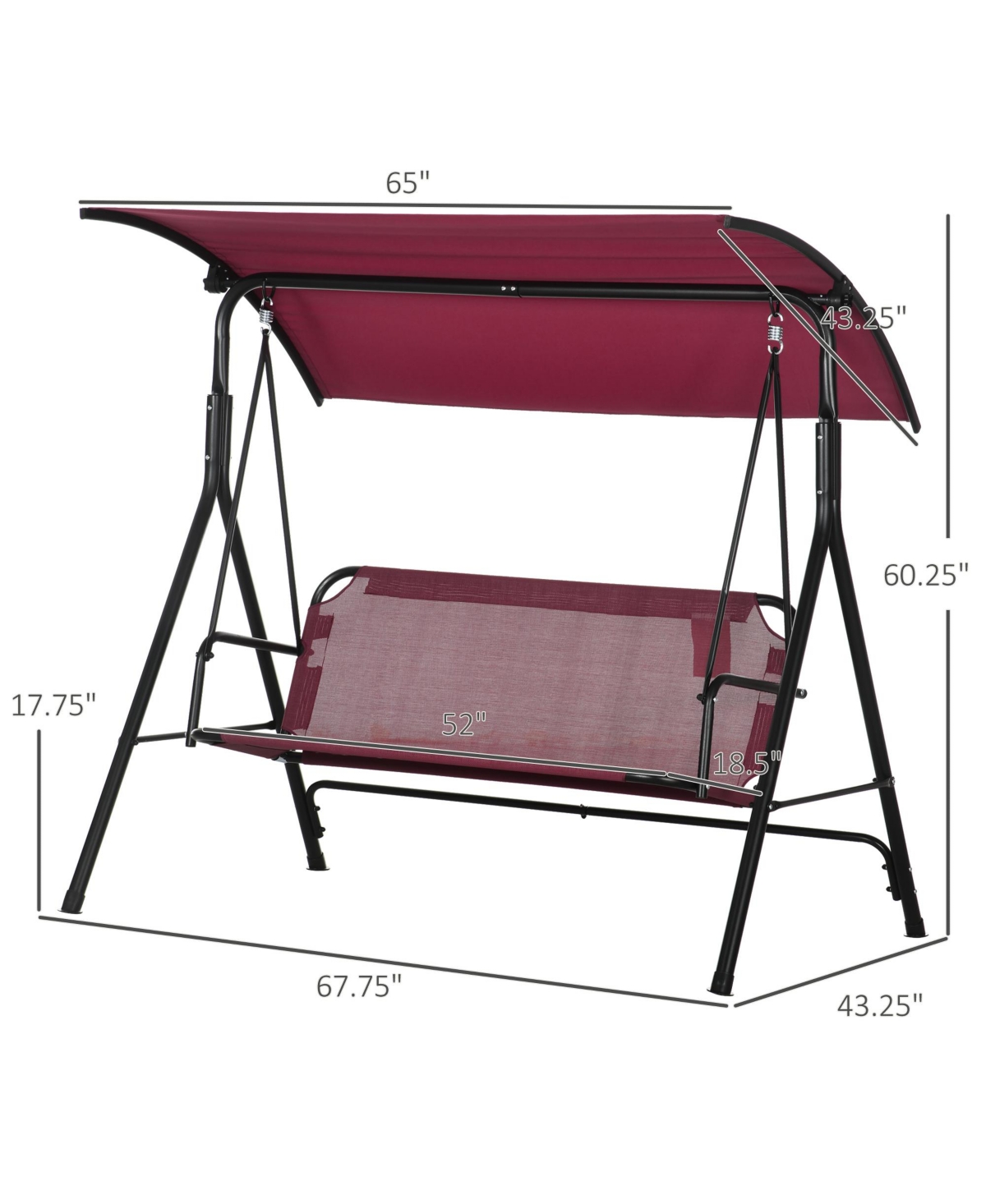 Outsunny 3-Person Porch Swing Bench with Stand & Adjustable Canopy, Armrests, Steel Frame for Outdoor, Garden, Patio, Porch & Poolside, Wine Red - Dar