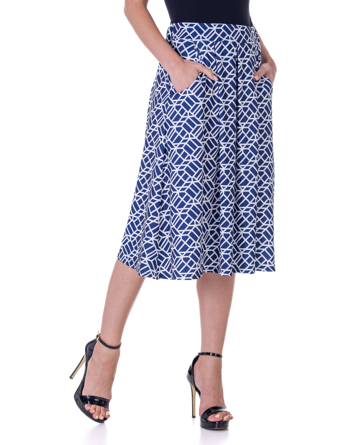 Shop 24seven Comfort Apparel Navy Print Elastic Waist Pleated Knee Length Pocket Skirt In Miscellane