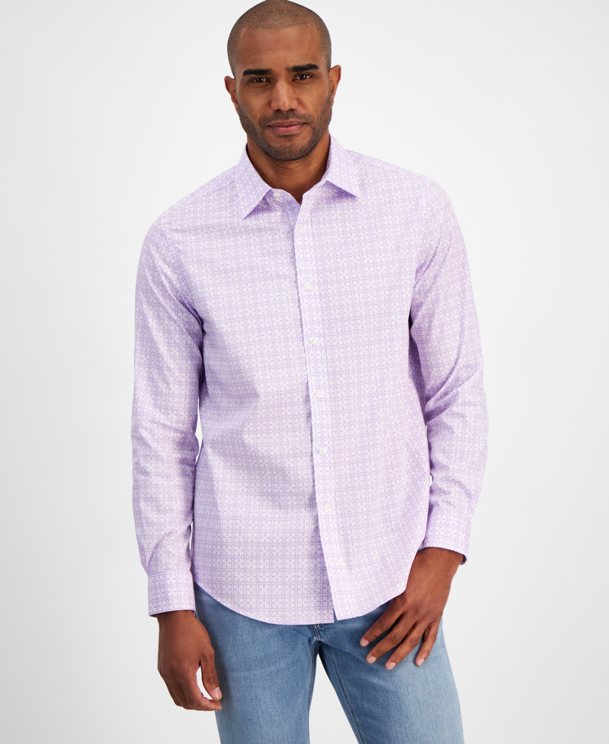 Men's Yale Regular-Fit Stretch Medallion-Print Button-Down Shirt, Created for Macy's - Lavender Bouq