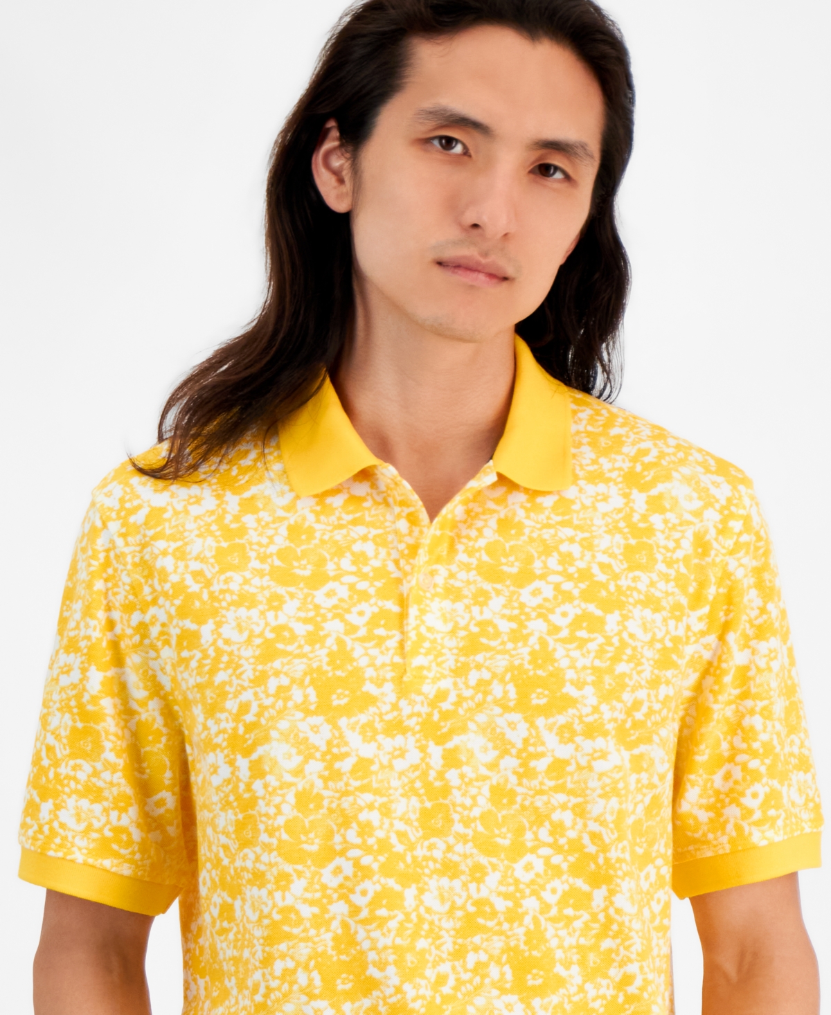Men's Iris Regular-Fit Floral Performance Pique Polo Shirt, Created for Macy's - Lemon Ice