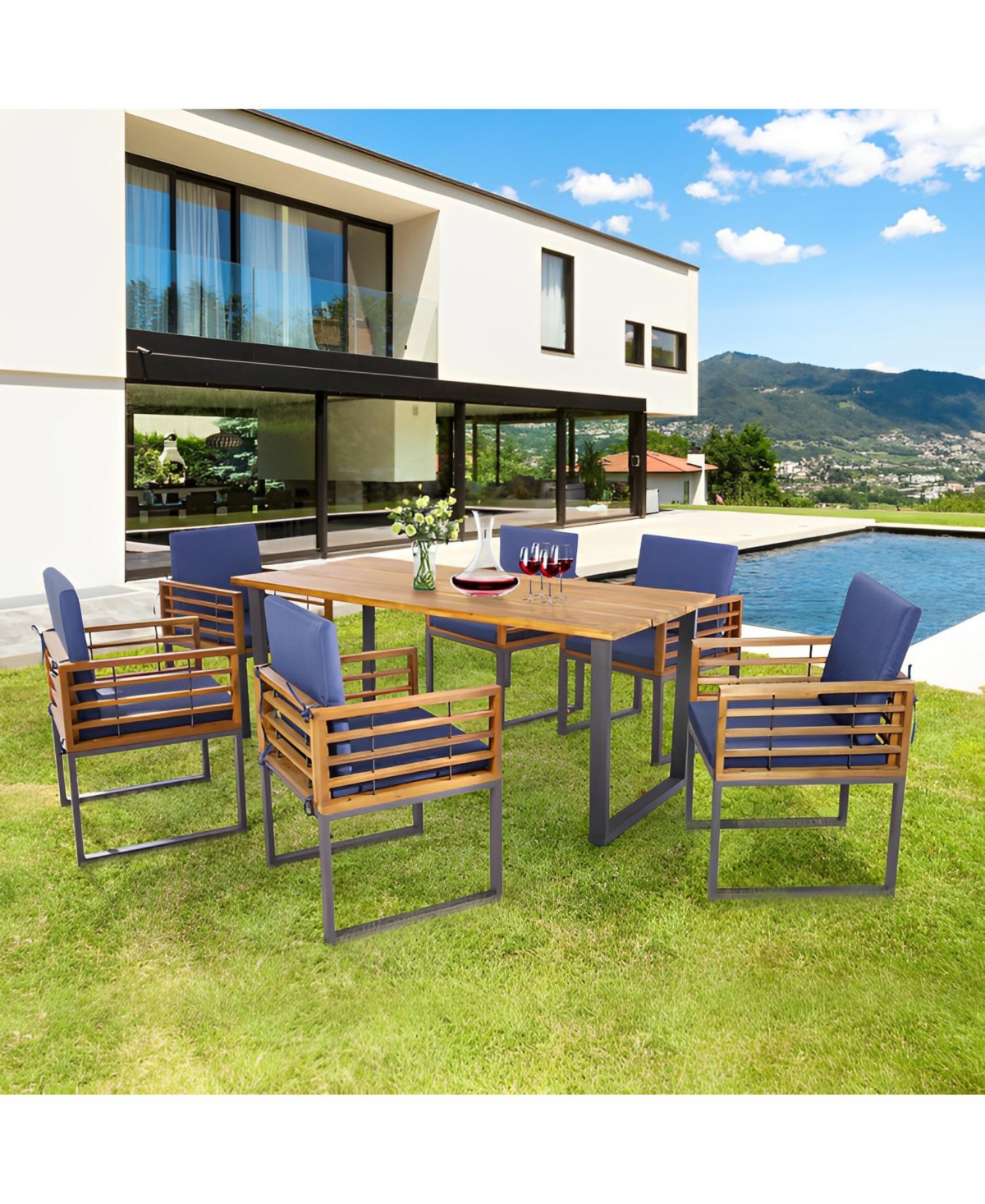 7 Pieces Patio Acacia Wood Dining Chair and Table Set for Backyard and Poolside
