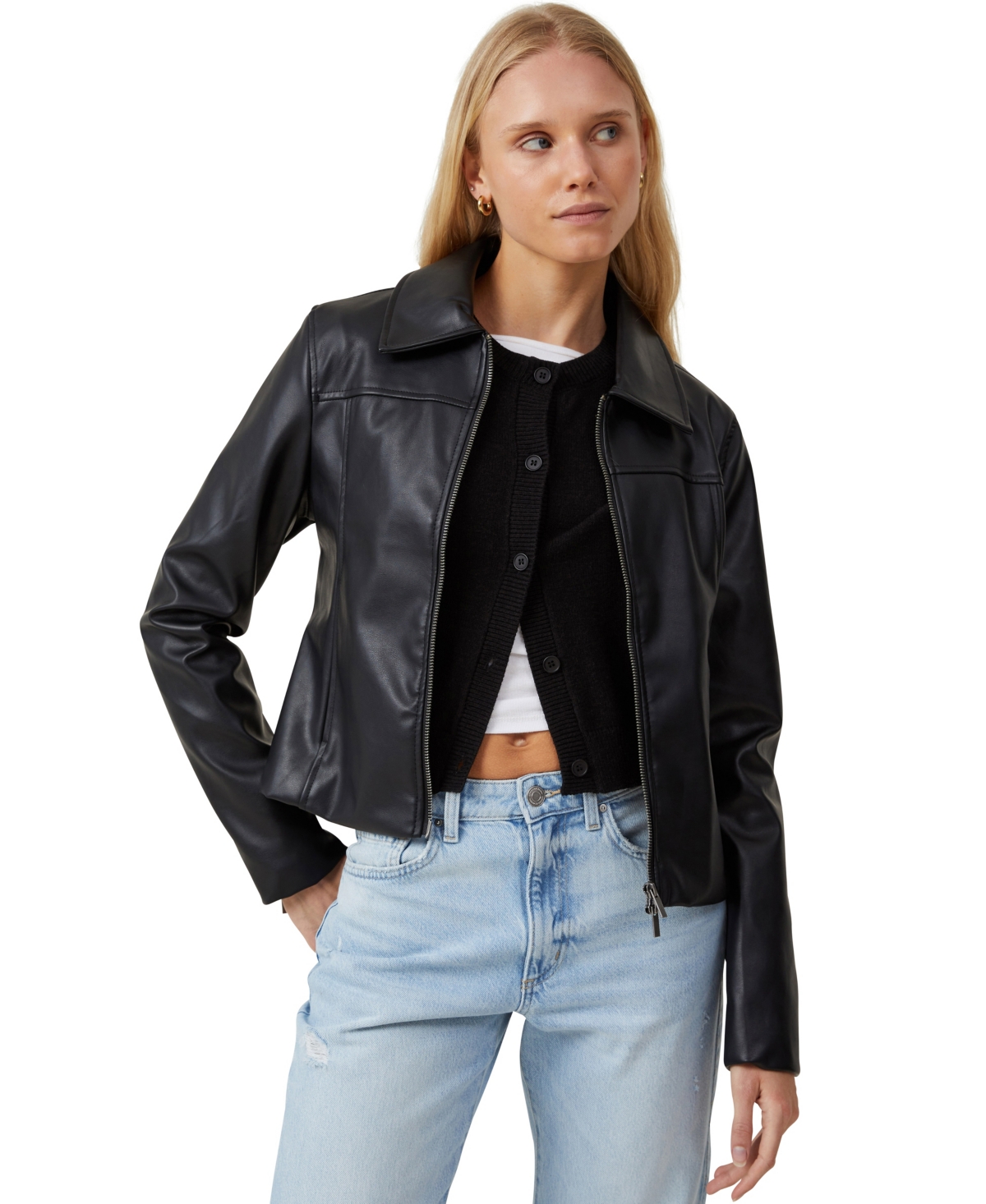 Women's Minimalist Faux Leather Jacket - Black