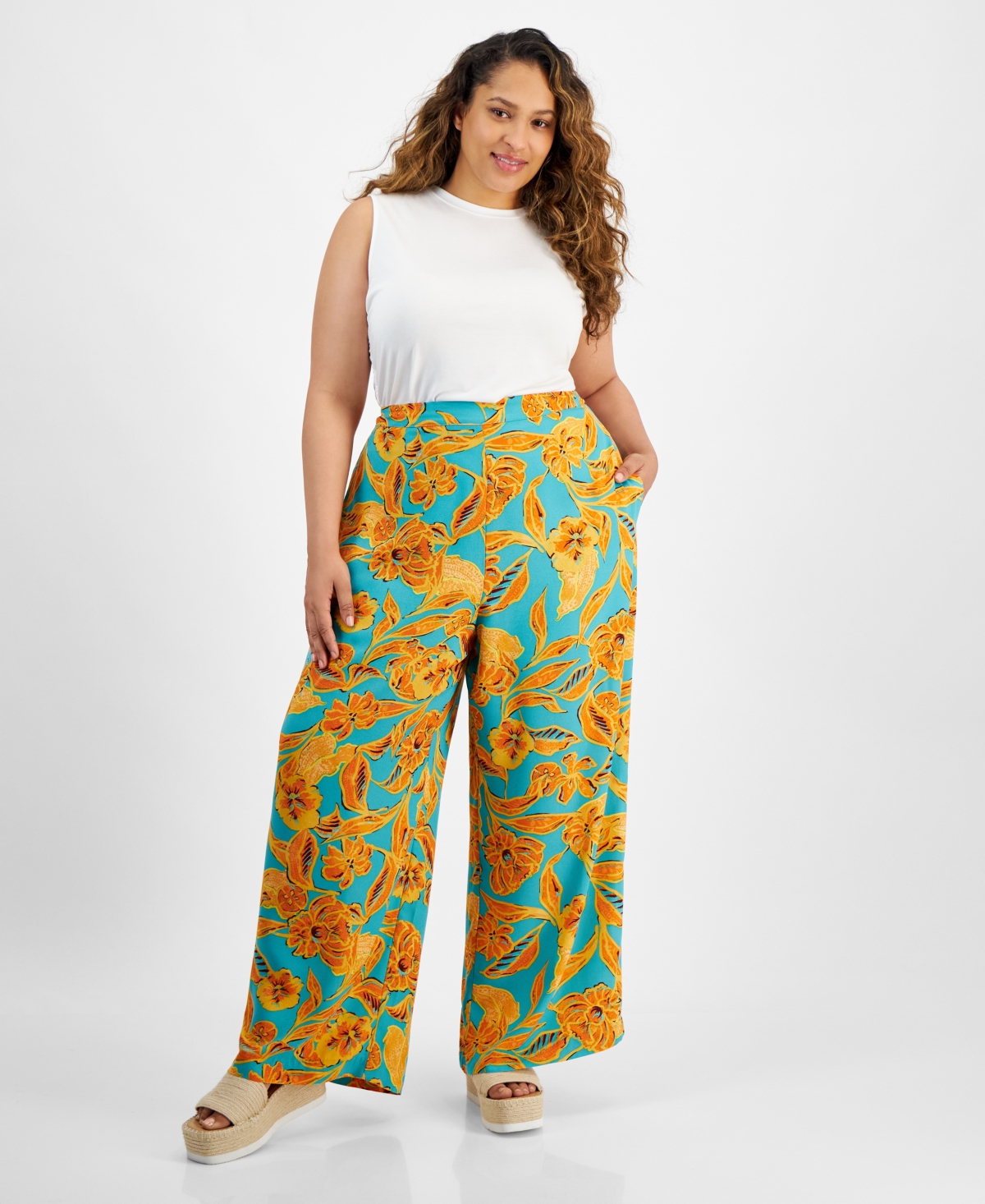Trendy Plus Size Floral Flat-Front Wide-Leg Pants, Created for Macy's - Bali Garden