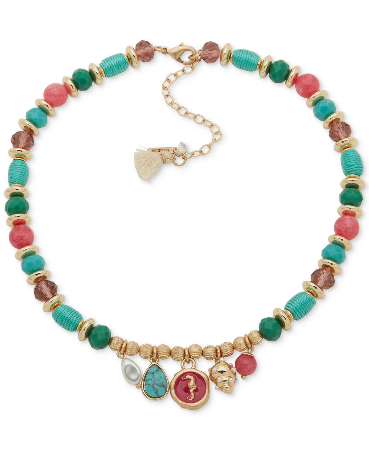 Gold-Tone Mixed Stone & Thread-Wrapped Beaded Sea-Motif Charm Necklace, 16" + 3" extender - Multi