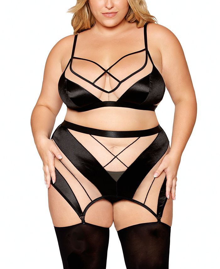 Dreamgirl Plus Size Eyelash Lace Bralette, Garter Skirt, and Choker Set with Satin Rosettes and Fishnet Elastic Trim main image 0
