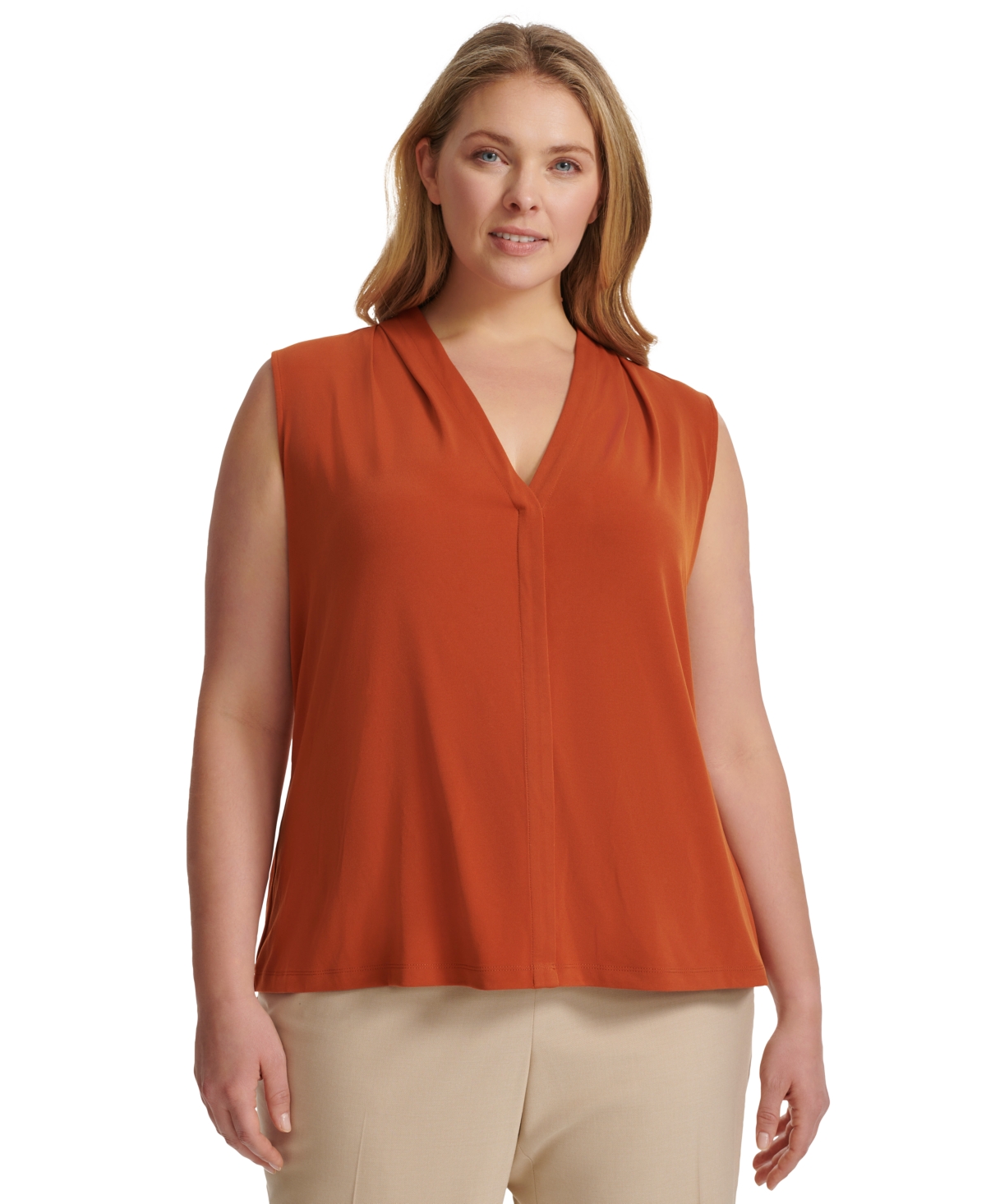 Shop Calvin Klein Plus Size Solid V-neck Sleeveless Top In Terra