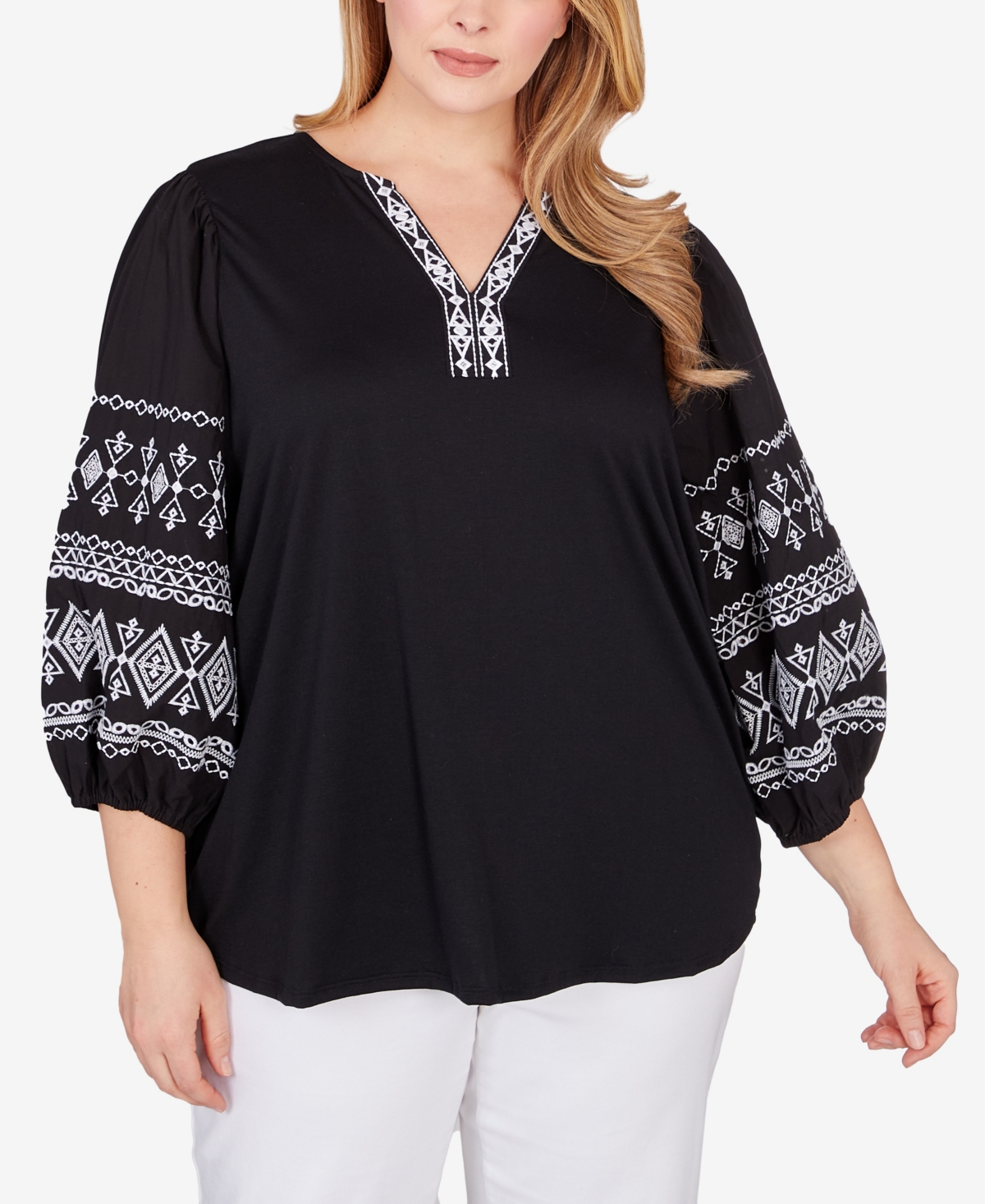Plus Size Embroidered Solid Knit Top - Black