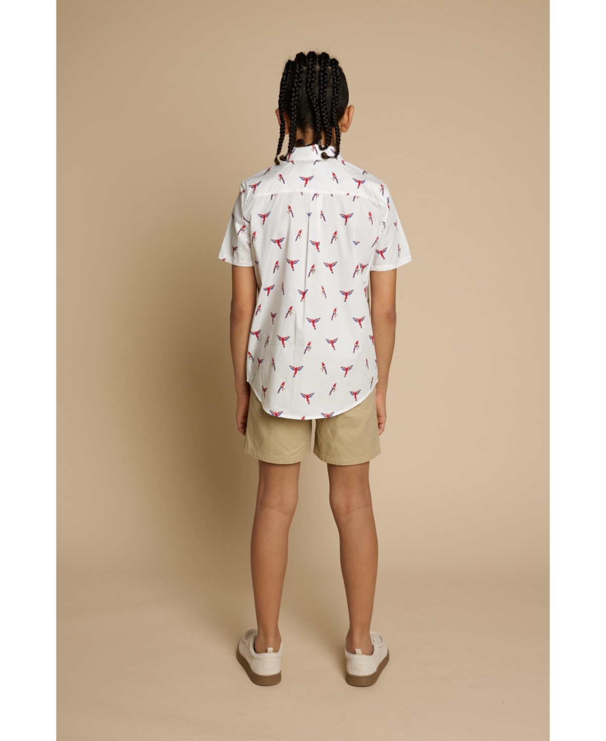 B by Brooks Brothers Big Boys Parrot Print Woven Short Sleeve Poplin Shirt