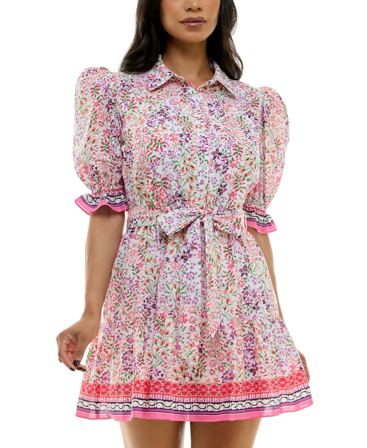 Juniors' Printed Collared Fit & Flare Shirtdress - Ofw/multi