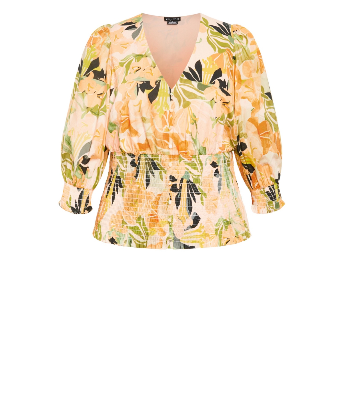 City Chic Women's Ariella Faux Button V Neck Print Top