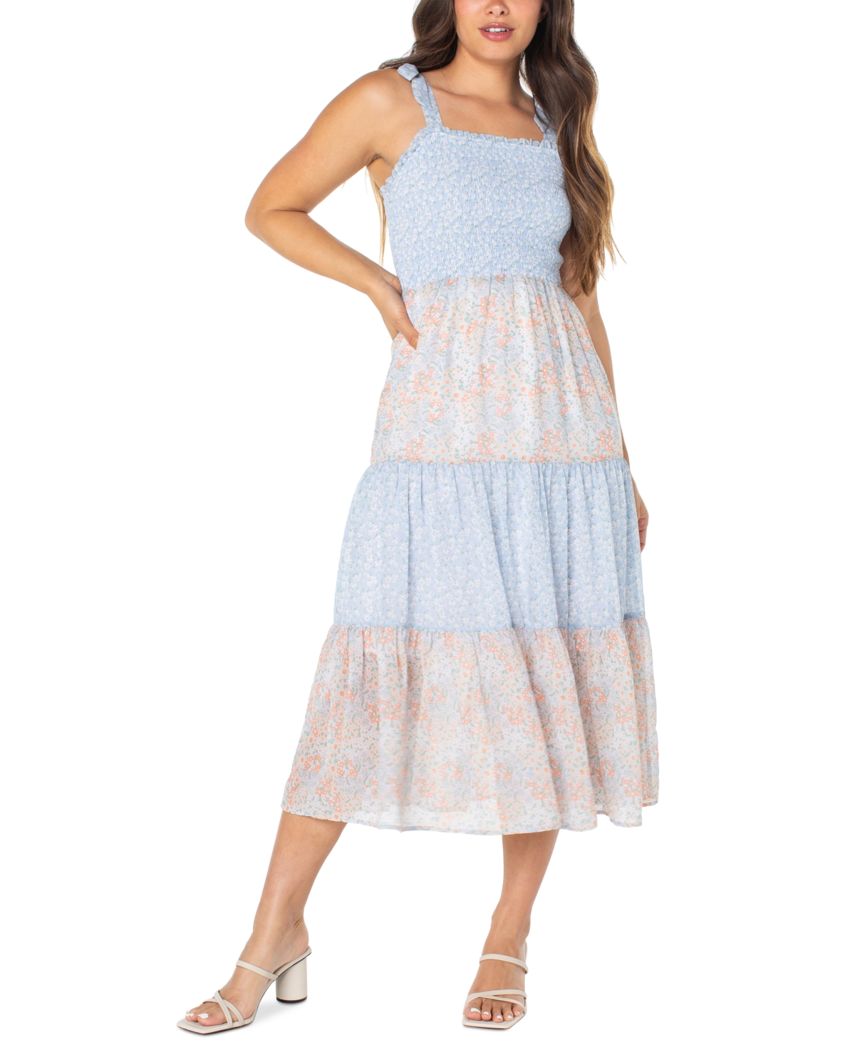 Shop Celebrity Pink Juniors' Twin-printed Smocked Midi Dress In Blue Twin
