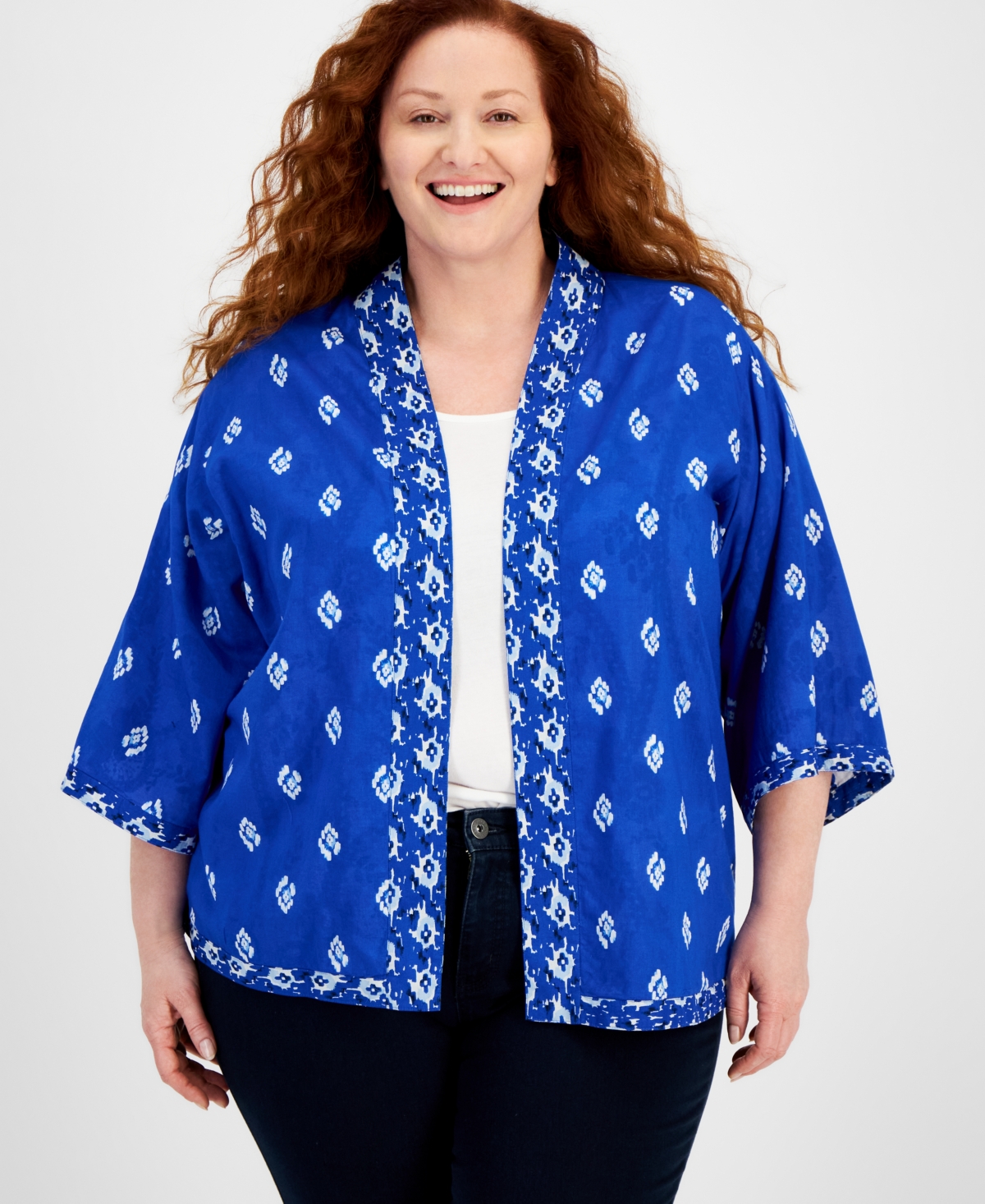 Style & Co Plus Size Belinda Border Reversible Kimono, Created for Macy's