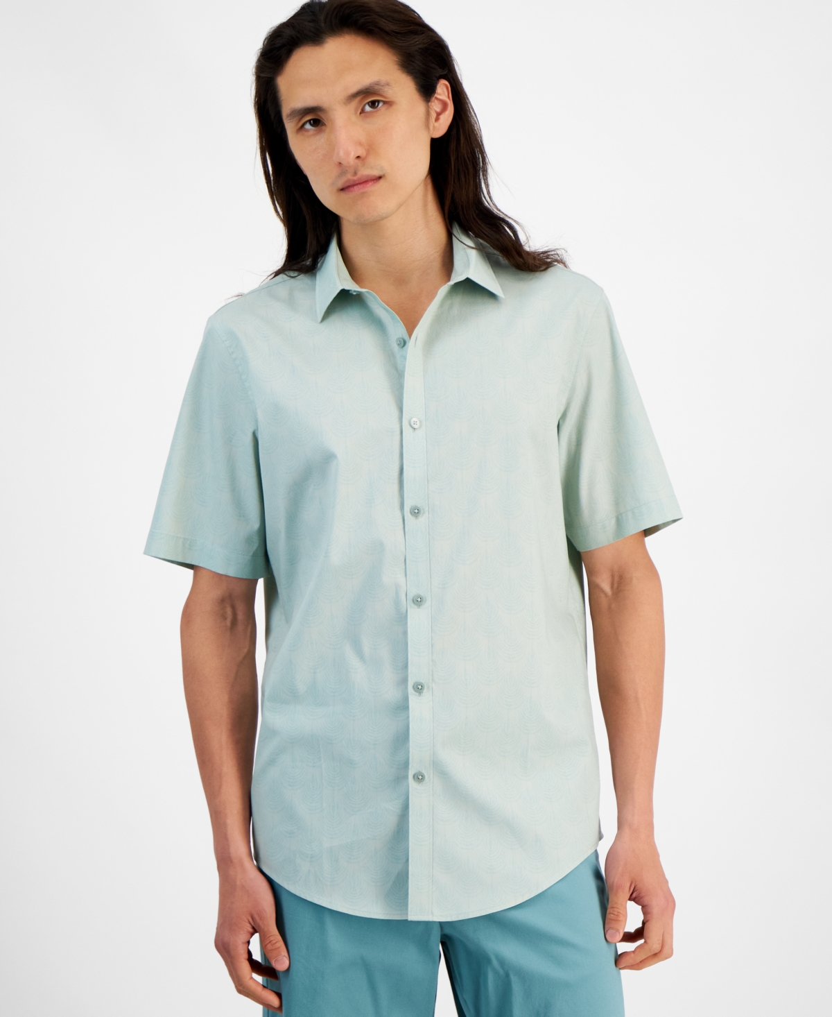 Men's Fern Regular-Fit Stretch Geometric Button-Down Poplin Shirt, Created for Macy's - Mint Sugar