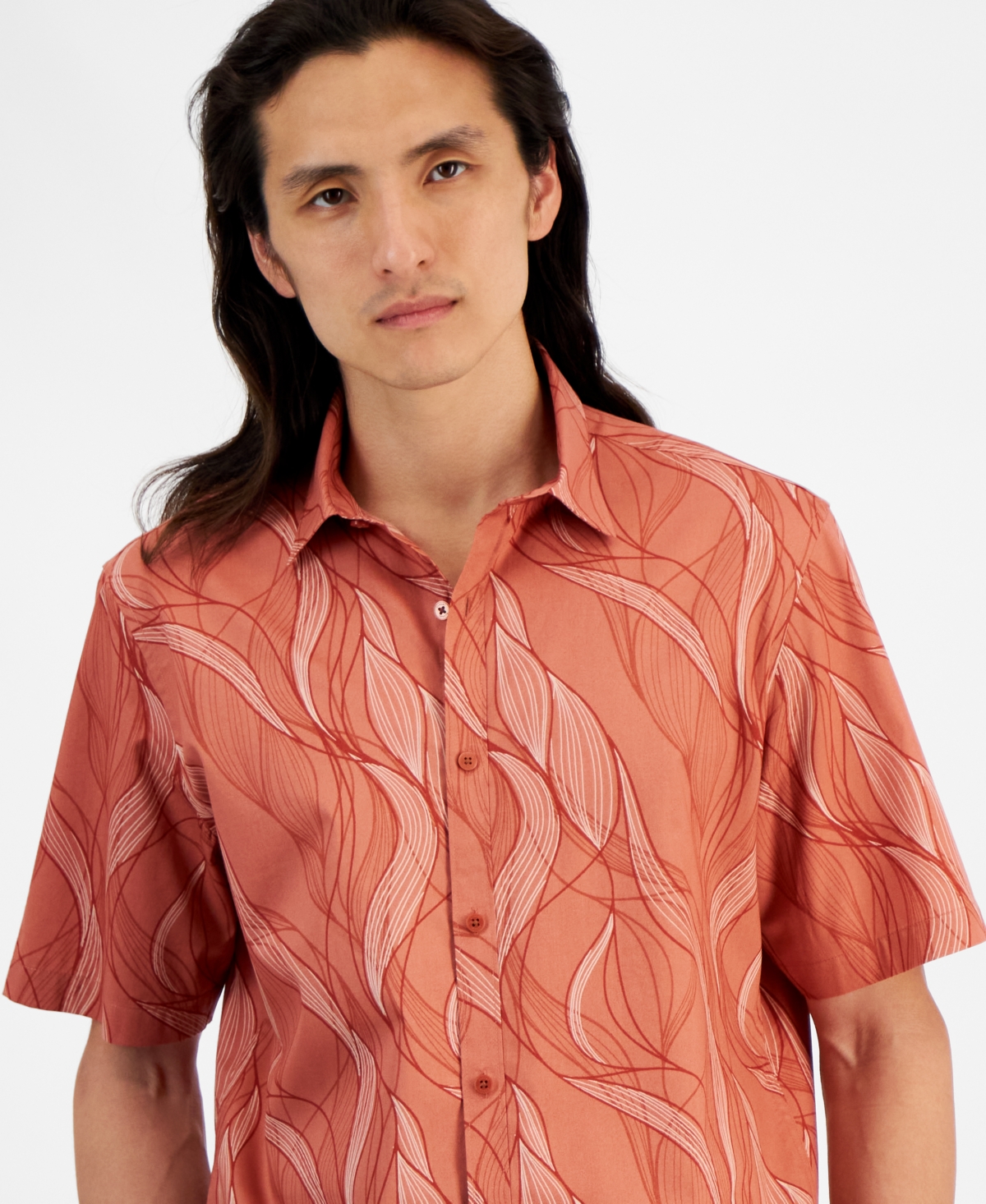 Alfani Men's Regular-Fit Stretch Abstract Wave-Print Button-Down Poplin Shirt, Created for Macy's