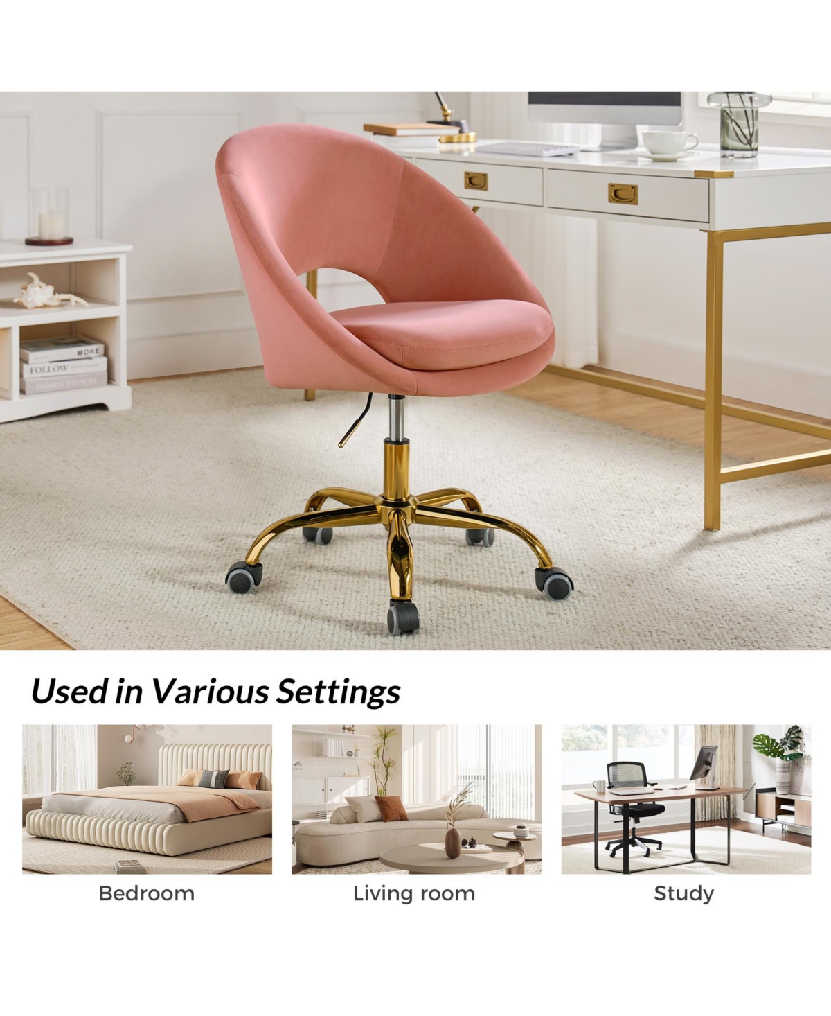 Hulala Home Modern Velvet Office Chair with Adjustable Swivel for Study Vanity