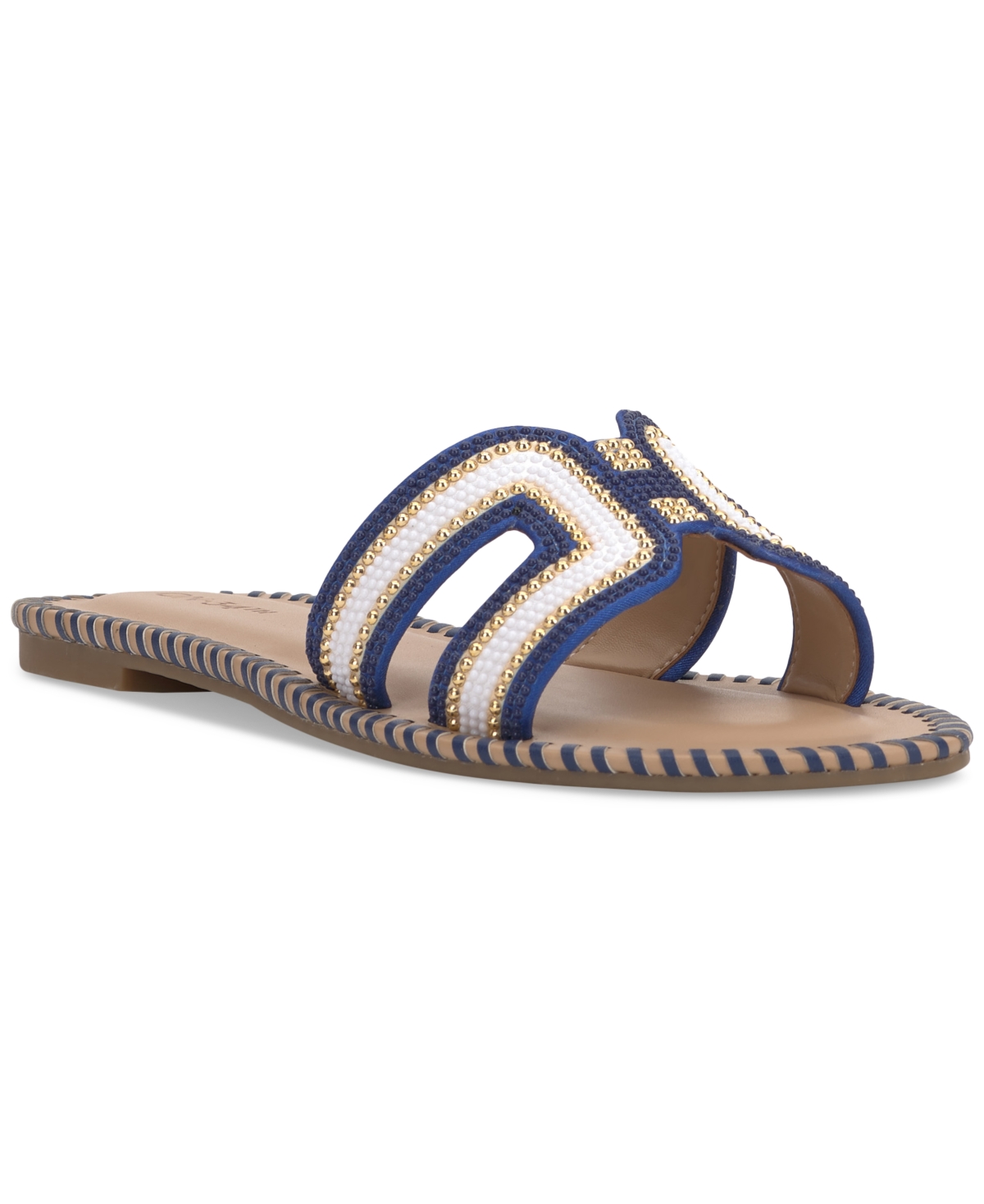 Shop On 34th Women's Mansi Beaded H-band Flat Sandals, Created For Macy's In Navy,white Beaded