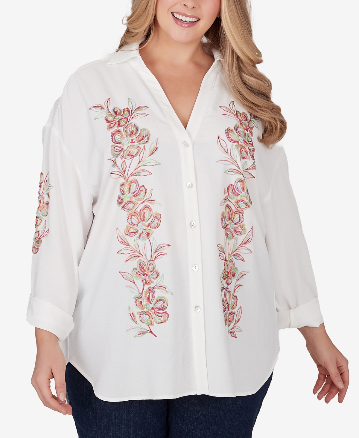 Plus Size Solid Embroidered Crepe Top - White