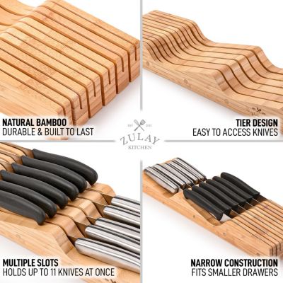 Bamboo Knife Drawer Organizer Insert - Edge-Protecting Knife Organizer Block Holds Up To 11 Knives