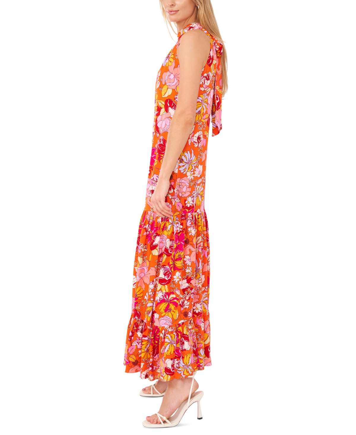 Shop Msk Women's Floral-print Tiered Maxi Dress In Orange Pink